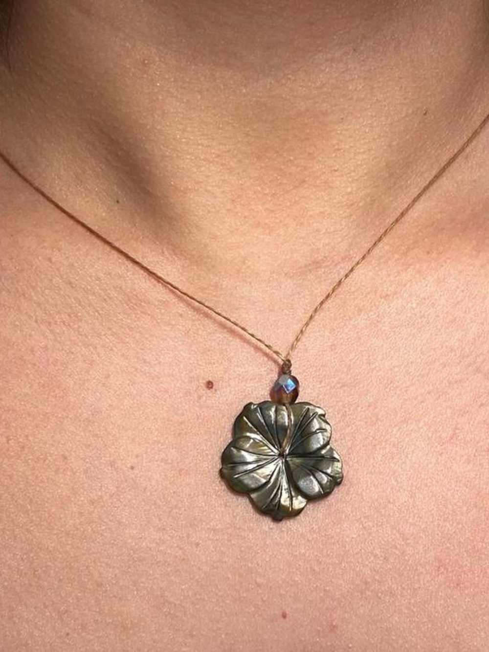 Hand Crafted Black Floral mother of pearl Pendant Necklace with Iridescent czech